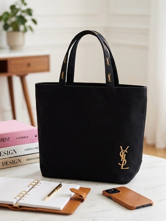 Saint Laurent Handbags - YSL Saint Laurent Beaute Black Canvas Tote Bag Gold Logo Minimalist Luxury Chic